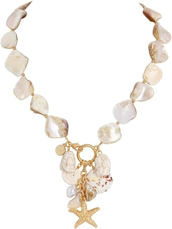 Firstmeet Natural Freshwater Shell Choker With Pearl Starfish Turquoise Pendant Irregular Mother of Pearl Necklaces for Women