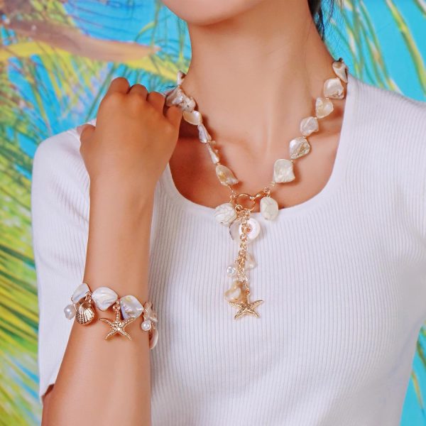 Firstmeet Natural Freshwater Shell Choker With Pearl Starfish Turquoise Pendant Irregular Mother of Pearl Necklaces for Women - Image 2