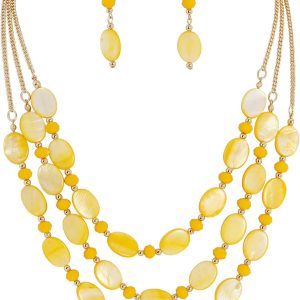 Firstmeet 3 Layered Beaded Necklace Set with Earrings Oval Shell Beads Jewelry Gift for Women