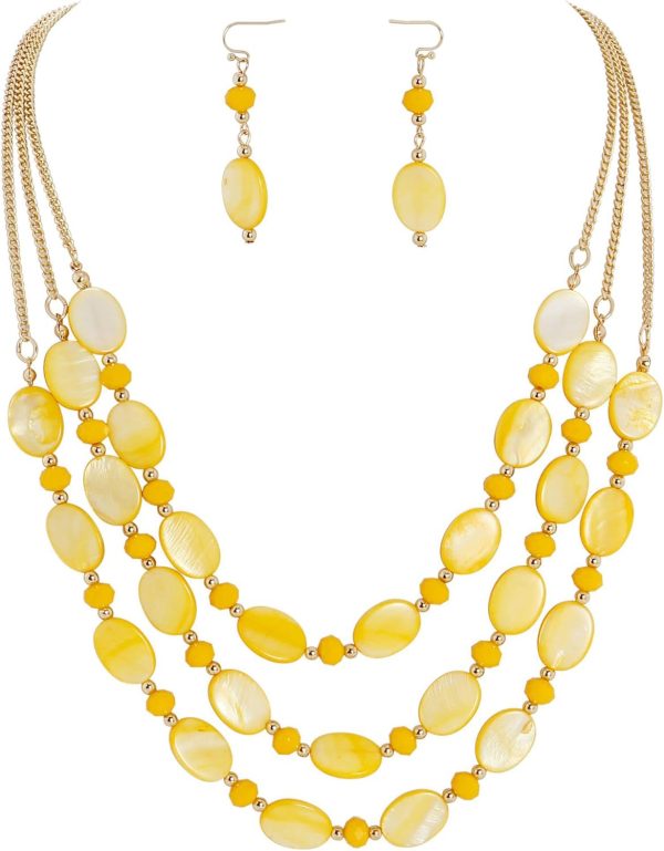 Firstmeet 3 Layered Beaded Necklace Set with Earrings Oval Shell Beads Jewelry Gift for Women