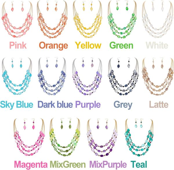 Firstmeet 3 Layered Beaded Necklace Set with Earrings Oval Shell Beads Jewelry Gift for Women - Image 3