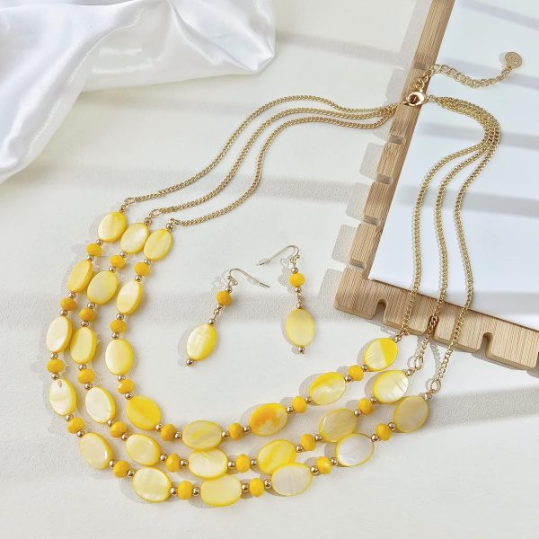 Firstmeet 3 Layered Beaded Necklace Set with Earrings Oval Shell Beads Jewelry Gift for Women - Image 4