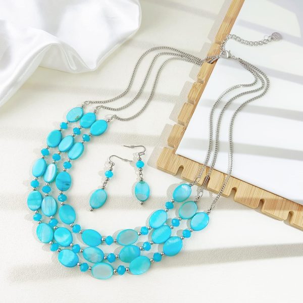 Firstmeet 3 Layered Beaded Necklace Set with Earrings Oval Shell Beads Jewelry Gift for Women - Image 12
