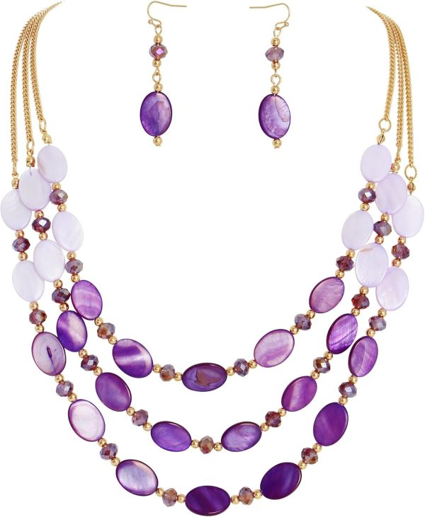 Firstmeet 3 Layered Beaded Necklace Set with Earrings Oval Shell Beads Jewelry Gift for Women - Image 16