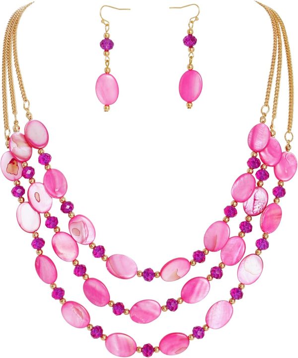 Firstmeet 3 Layered Beaded Necklace Set with Earrings Oval Shell Beads Jewelry Gift for Women - Image 28