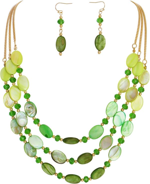 Firstmeet 3 Layered Beaded Necklace Set with Earrings Oval Shell Beads Jewelry Gift for Women - Image 34