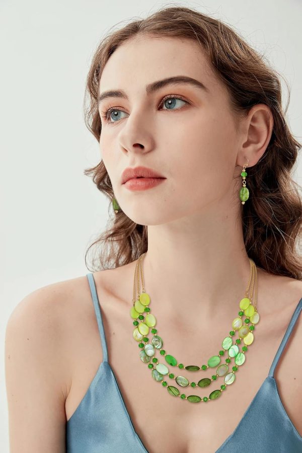 Firstmeet 3 Layered Beaded Necklace Set with Earrings Oval Shell Beads Jewelry Gift for Women - Image 35
