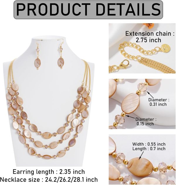 Firstmeet 3 Layered Beaded Necklace Set with Earrings Oval Shell Beads Jewelry Gift for Women - Image 45