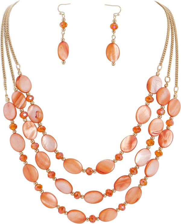Firstmeet 3 Layered Beaded Necklace Set with Earrings Oval Shell Beads Jewelry Gift for Women - Image 46