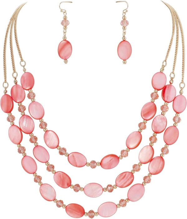 Firstmeet 3 Layered Beaded Necklace Set with Earrings Oval Shell Beads Jewelry Gift for Women - Image 52