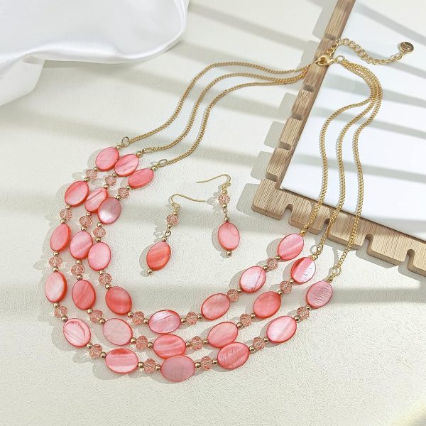 Firstmeet 3 Layered Beaded Necklace Set with Earrings Oval Shell Beads Jewelry Gift for Women - Image 54