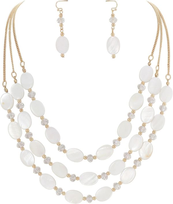 Firstmeet 3 Layered Beaded Necklace Set with Earrings Oval Shell Beads Jewelry Gift for Women - Image 58