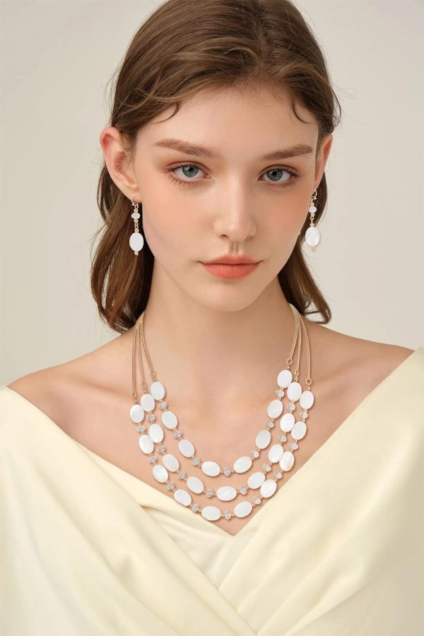 Firstmeet 3 Layered Beaded Necklace Set with Earrings Oval Shell Beads Jewelry Gift for Women - Image 59