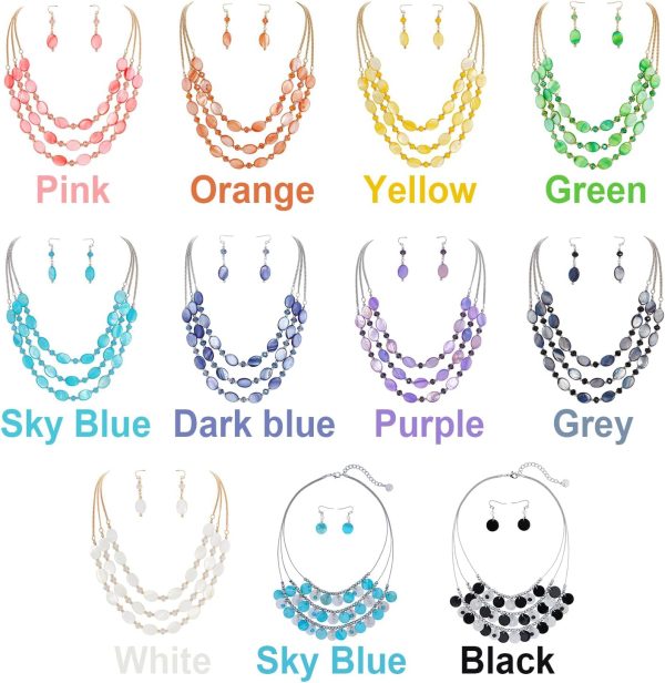 Firstmeet 3 Layered Beaded Necklace Set with Earrings Oval Shell Beads Jewelry Gift for Women - Image 66