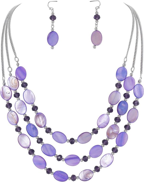 Firstmeet 3 Layered Beaded Necklace Set with Earrings Oval Shell Beads Jewelry Gift for Women - Image 73