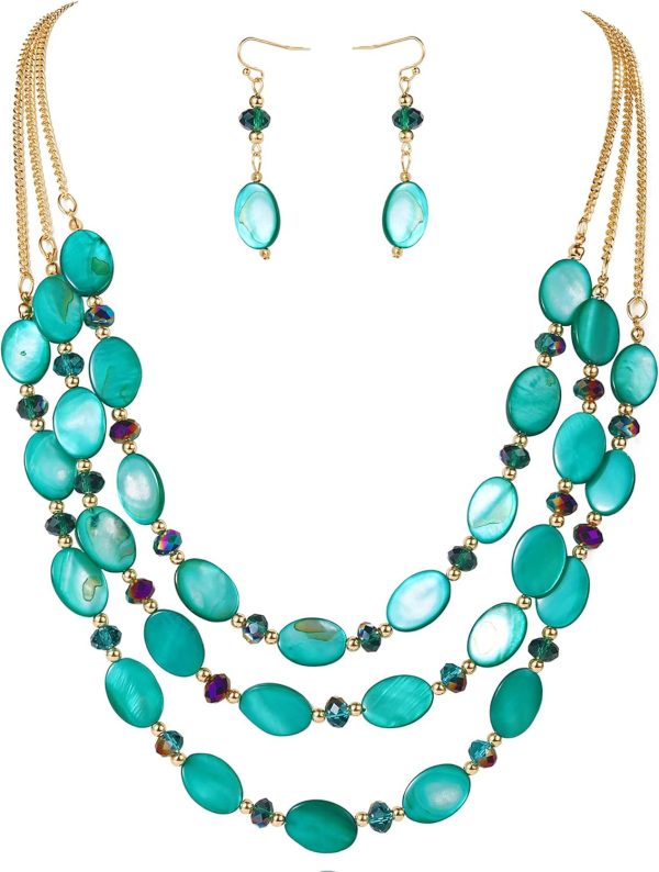 Firstmeet 3 Layered Beaded Necklace Set with Earrings Oval Shell Beads Jewelry Gift for Women - Image 79