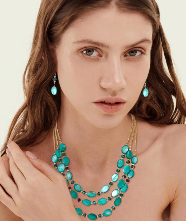 Firstmeet 3 Layered Beaded Necklace Set with Earrings Oval Shell Beads Jewelry Gift for Women - Image 80