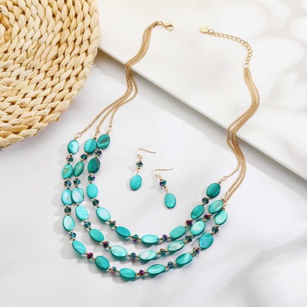 Firstmeet 3 Layered Beaded Necklace Set with Earrings Oval Shell Beads Jewelry Gift for Women - Image 81