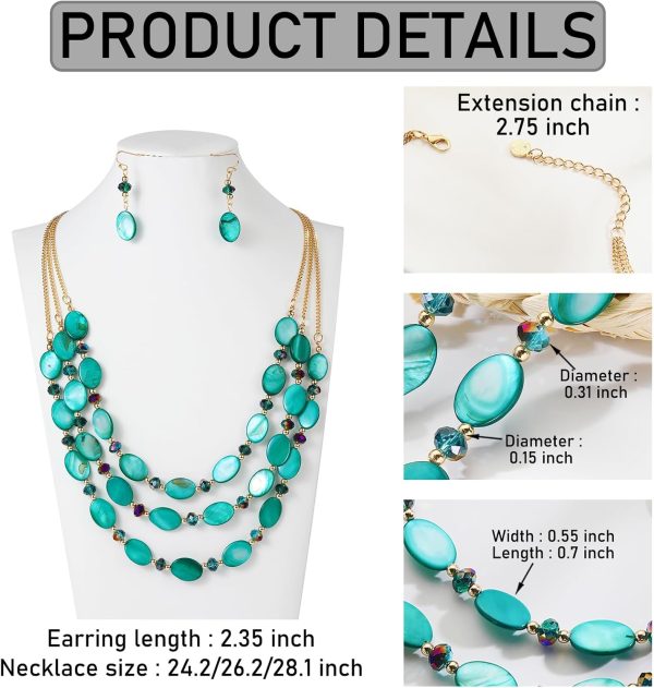 Firstmeet 3 Layered Beaded Necklace Set with Earrings Oval Shell Beads Jewelry Gift for Women - Image 84