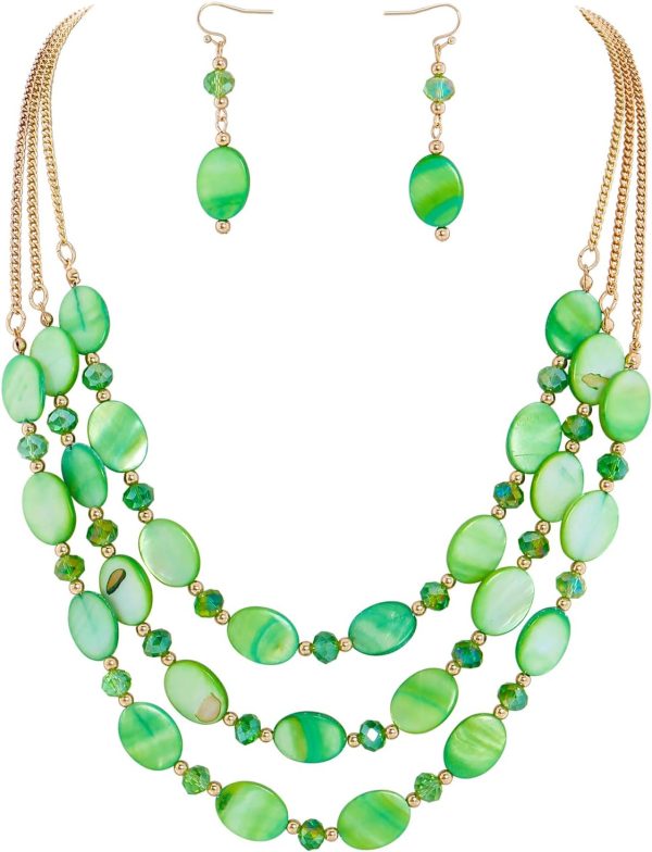Firstmeet 3 Layered Beaded Necklace Set with Earrings Oval Shell Beads Jewelry Gift for Women - Image 85