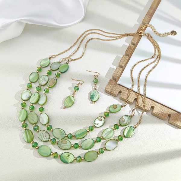 Firstmeet 3 Layered Beaded Necklace Set with Earrings Oval Shell Beads Jewelry Gift for Women - Image 87