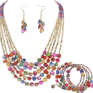 Firstmeet Bohemian Layered Shell Beaded Necklace Set Seed Bead Irregular Costume Jewelry for Women