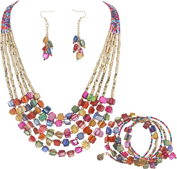 Firstmeet Bohemian Layered Shell Beaded Necklace Set Seed Bead Irregular Costume Jewelry for Women