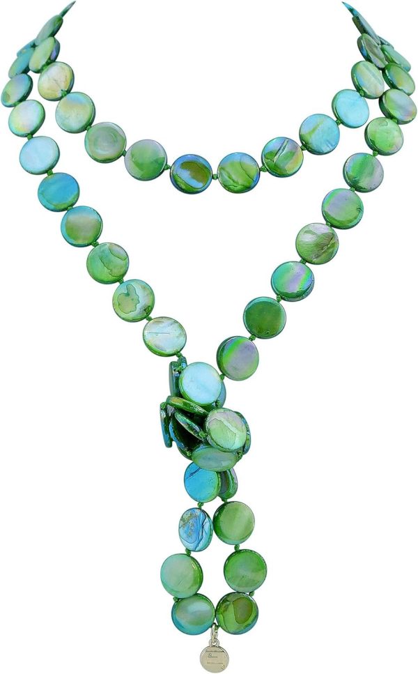 Firstmeet Flat Round Coin Shell Beads Long Knotted Necklace Natural Mother of Pearl Handmade Jewelry For Women