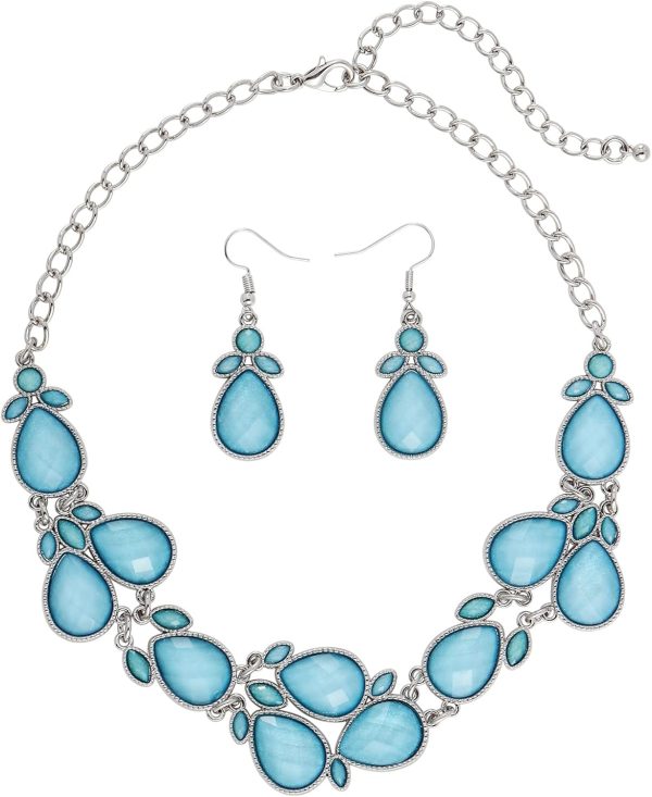Firstmeet Shiny Resin Water Drop Collar Necklace with Earrings