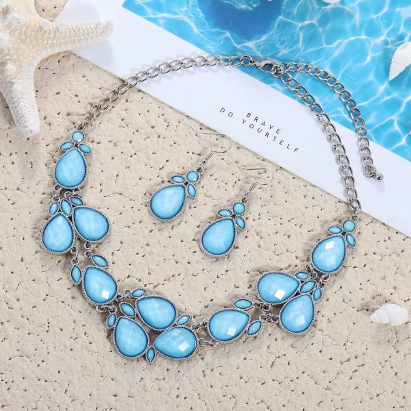 Firstmeet Shiny Resin Water Drop Collar Necklace with Earrings - Image 3