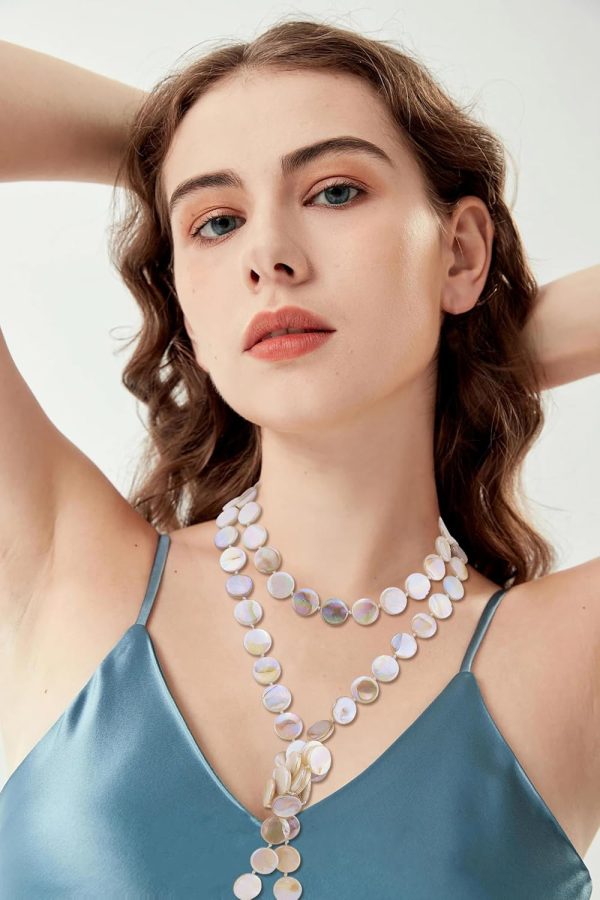 Firstmeet Flat Round Coin Shell Beads Long Knotted Necklace Natural Mother of Pearl Handmade Jewelry For Women - Image 83