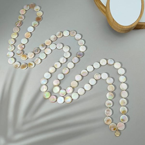Firstmeet Flat Round Coin Shell Beads Long Knotted Necklace Natural Mother of Pearl Handmade Jewelry For Women - Image 84