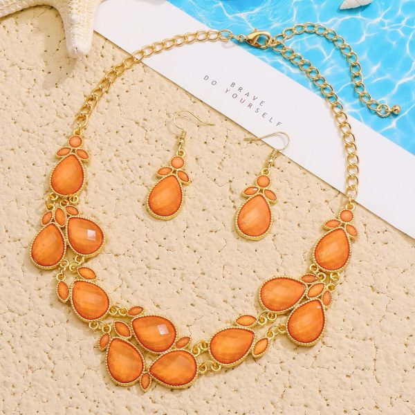 Firstmeet Shiny Resin Water Drop Collar Necklace with Earrings - Image 17