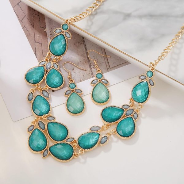 Firstmeet Shiny Resin Water Drop Collar Necklace with Earrings - Image 31