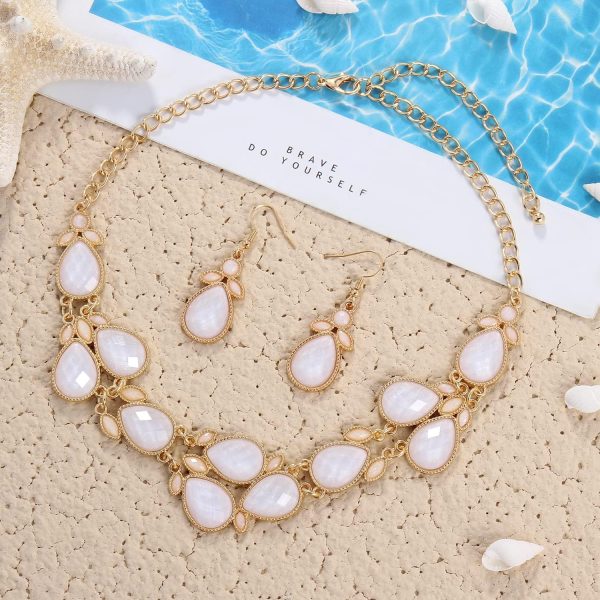 Firstmeet Shiny Resin Water Drop Collar Necklace with Earrings - Image 129
